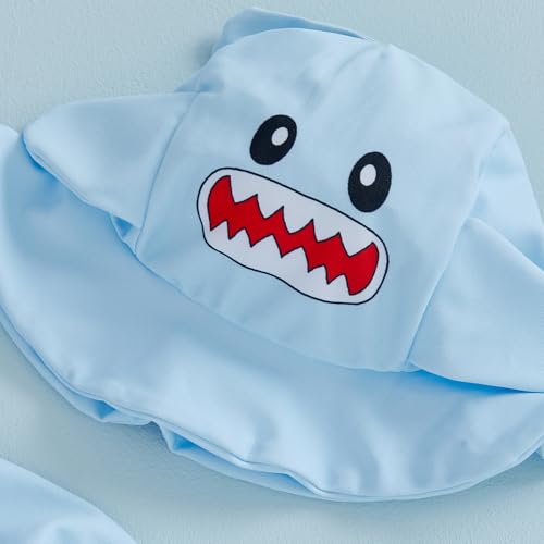 Baby Boy Rash Guard Swimsuit Color Block Long Sleeve Zipper One Piece Swimwear Toddler Bathing Suit ＋ Shark Sun Cap