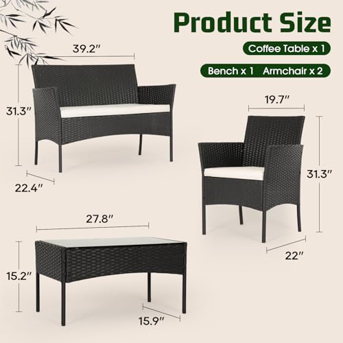 FDW | 4-Piece Patio Furniture Set | Black | Outdoor Wicker Furniture with Coffee Table | Modern Rattan Chairs Conversation...