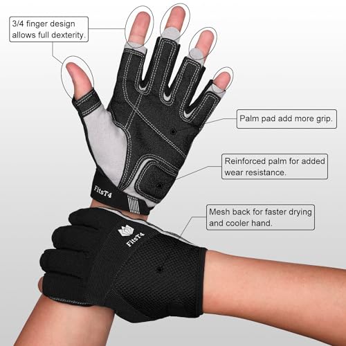FitsT4 Sports Kayaking Gloves 3/4 or Full Finger Padded Palm Fingerless Gloves for Men Women Youth Perfect for Sailing Pad...