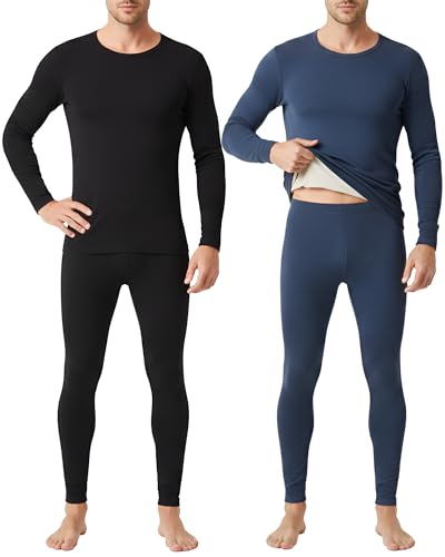 Patelai 2 Pack Thermal Underwear for Men Fleece Lined Winter Base Layer Set Long Sleeve Crew Neck Top and Bottom