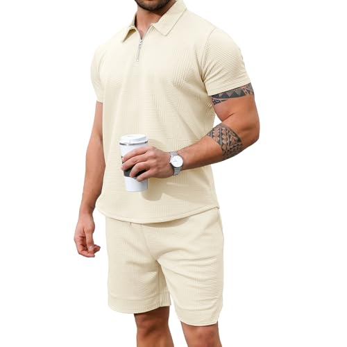 GYMELITE Men's 2 Piece Short Sets Outfits Summer Polo Shirts and Shorts Casual Zip Short Sleeve Fashion Shorts Tracksuit Set