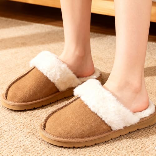 OOW Fuzzy Slippers for Women Cozy Faux Fur House Shoes Winter Warm Memory Foam Slippers for Indoor and Outdoor