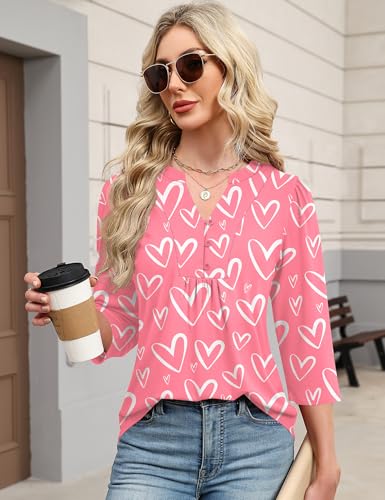 IECCP 3/4 Length Sleeve Womens Tops Dressy Casual Henley V-Neck Summer Tops Pleated T-Shirts Loose Fit Work Blouses
