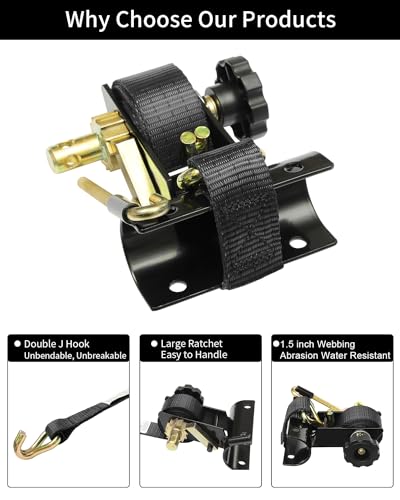 Ladder Rack Ratchet Straps with J-Hook (4PCS), 2" Black Round Tube Mount, 1.5" Wide x 7.5' Long Black Retractable Ratchet ...