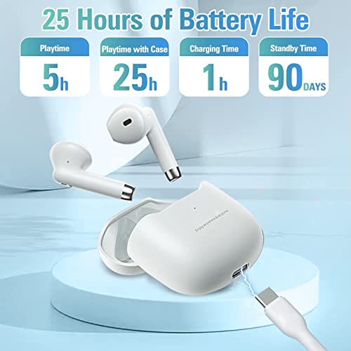 True Wireless Earbuds White Bluetooth 5.3 with Microphone for Working Out Noise Canceling Blue Tooth Ear Buds Deep Bass TW...