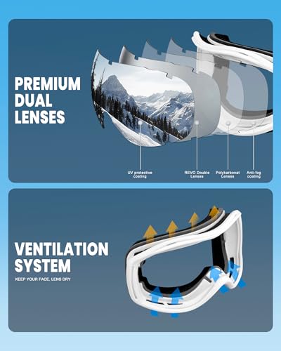 FMY Ski Snowboard OTG Goggles,Anti Fog UV400 Protection Skiing Snowmobile Goggles for Men Women Youth