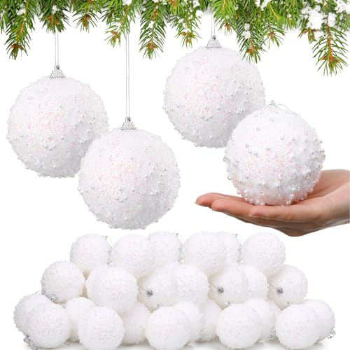 Lyrow 24 Pcs 3.15" Glitter Christmas Ball Ornament Set Christmas Ball Bulk Xmas Sequin Foam Hanging Ornament Decorative Ha...