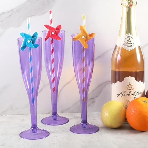 Homy Feel 6.5 OZ Purple Glitter Plastic Champagne Flutes 30 Pack, Disposable Wine Glasses for Party,Plastic Champagne Glas...