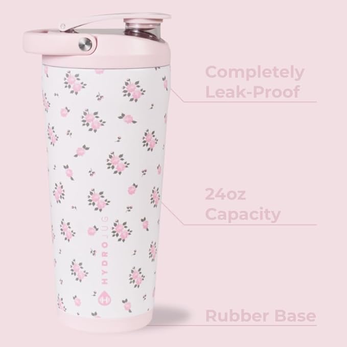 HydroJug 24 oz New Stainless Steel Shaker – Insulated, Leakproof, BPA-Free with Silent Mixing Grate – No Clumps, No Noise – Premium Shaker for Fitness, Sports & Everyday Use, Wildrose