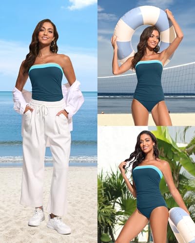 Daci Bandeau Tankini Swimsuits for Women - Two Piece Ruched Tummy Control Bathing Suit Strapless Swimwear with Bottom
