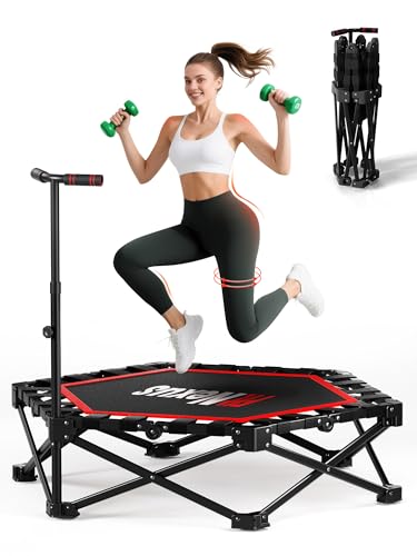 FitNexus 42" Foldable Mini Trampoline- 450lb Capacity Fitness Rebounder w/3-Level Adjustable T-Bar, Adults Workout Trampol...