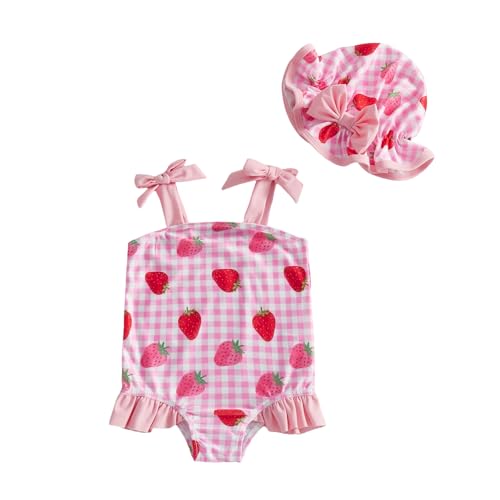 BSaogr Infant Girl Onepiece Swimsuit Cute Printed Sleeveless Ruffle Romper Beach Wear Bathing Suit with Swim Cap