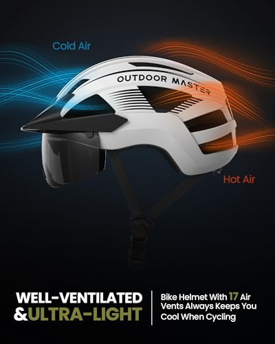OutdoorMaster Adult Bike Helmet - Bicycle Helmet with Rechargeable Rear LED Light, Detachable Magnetic Goggles, Removable ...