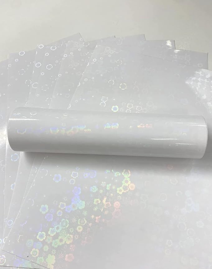 Syntego A4 Self Adhesive Transparent Holographic Sticker Paper Vinyl 8.5 X 11 Lamination Sheets 10 Sheets (Flowers)