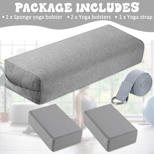 PullCrease 4 Pcs Yoga Bolster Pillows Blocks with Strap Set Comfortable Meditation Pillow for Restorative Non Slip Reusabl...