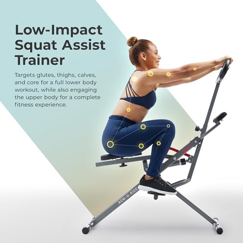 Sunny Health & Fitness Row-N-Ride PRO, Full Body Combo Squat Machine w/Optional Resistance Band, Easy Setup Ab Workout Exe...