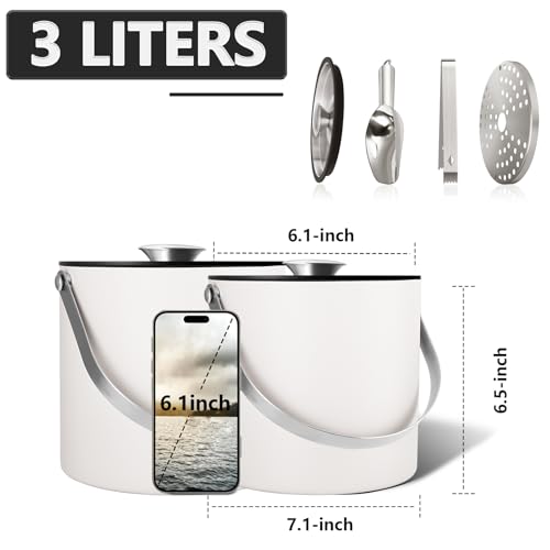 Bakpoco Insulated Ice Bucket with Silicone Lid, Scoop, Tongs & Strainer, 3L Stainless Steel Double Wall Ice Buckets for Pa...