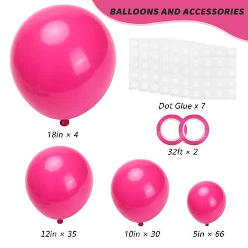 RUBFAC 135pcs Hot Pink Balloons Different Sizes 18 12 10 5 Inch for Garland Arch, Magenta Latex Balloon for Wedding Birthd...