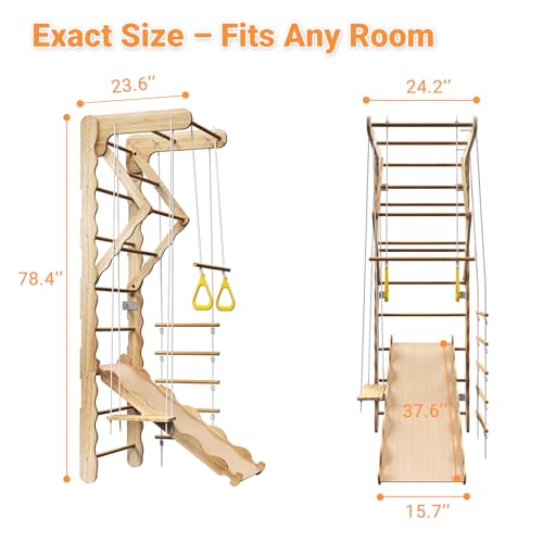 Mulinsonfly 5-in-1 Wooden Indoor Jungle Gym for Kids, Wall-Mounted Swedish Ladder with Pull-Up Bar, Rings, Swing, and Slid...