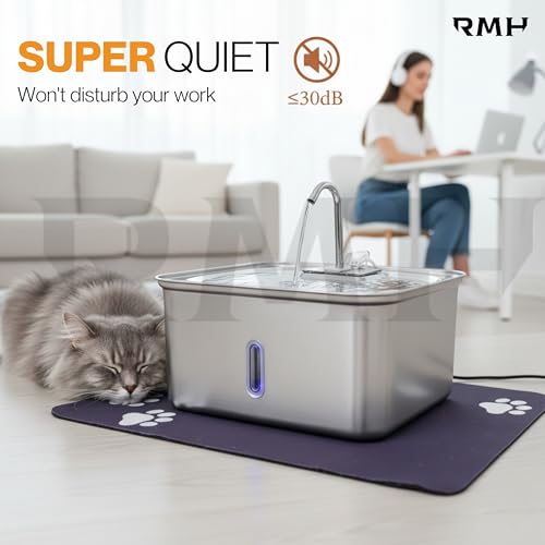 7L Stainless Steel Cat & Dog Water Fountain with 12×16 Waterproof Anti-Slip Mat, Automatic Pet Water Fountain with Quiet P...