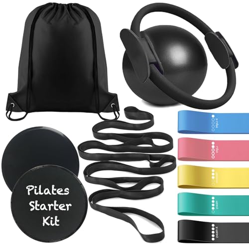 Pilates Essentials Kit for Home Workouts Women, Black Pilates Equipment Set with 9 Inch Yoga Ball, Pilates Slider, Resista...