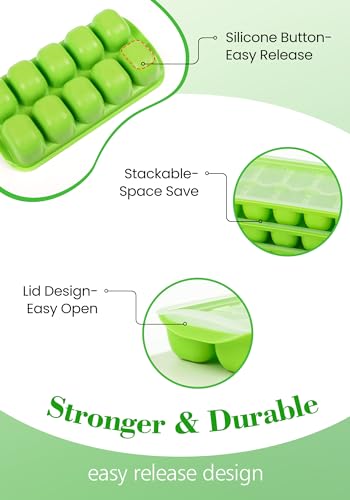 DOQAUS Ice Cube Tray with Lid and Bin - 4 Pack Ice Bucket Kits, Stackable Silicone Ice Trays for Freezer, Easy Pop Out, BP...