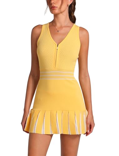 ABOCIW Womens Half Zip Knit Tennis Dress Colorblock Pleated Athletic Dress Sleeveless Workout Golf Dresses with Shorts
