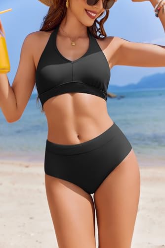 AI'MAGE Bikini Sets for Women High Waisted Two Piece Bathing Suit Tummy Control Swimsuits Halter Color Block Swimwear 2025