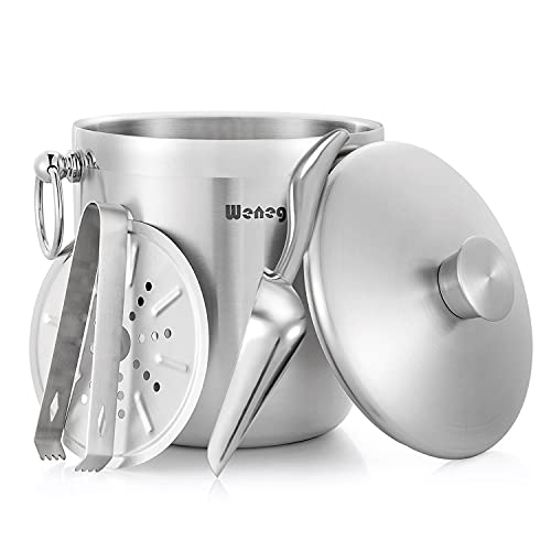 Ice Bucket with Lid, Scoop, Tongs and Strainer - Well Made Insulated Stainless Steel Keep Ice Frozen Longer - Ideal for Co...