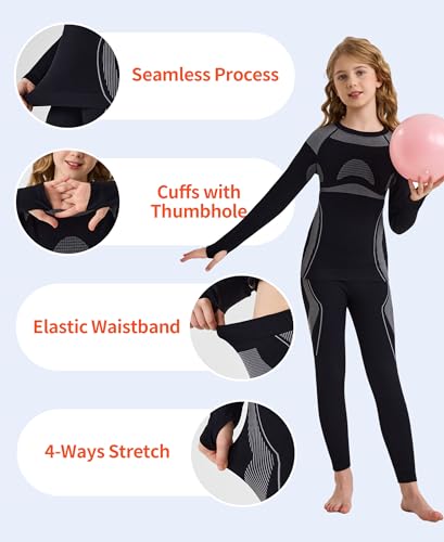 beautyin Seamless Thermal Underwear for Kids Athletic Long Base Layer Girls Boys Top Bottom Set with Thumbhole