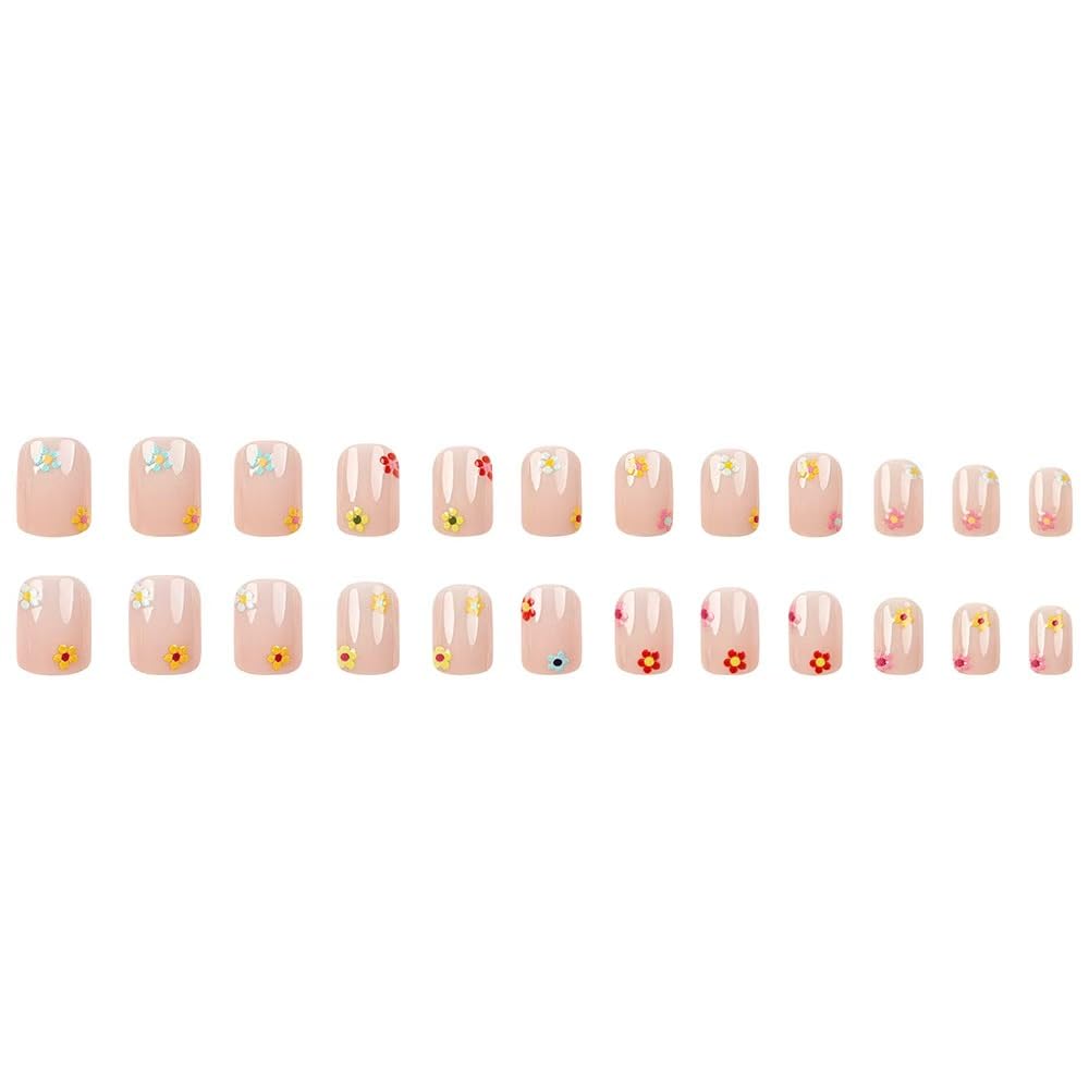 MRSCOL Press on Nails,Oval Press on Nails with 3D Multi-colored Flowers Design,Short Reusable 24pcs Nail Kit with Glue