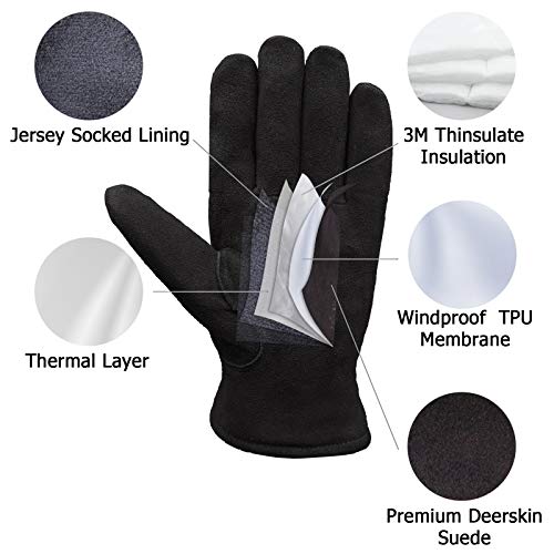 SKYDEER 3M Thinsulate Thermal Winter Work Gloves with Windproof Premium Genuine Deerskin Suede Leather (Unisex SD8671T)