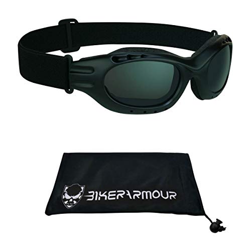 Bikershades Motorcycle Safety Riding Goggles Men Women. Polarized Lens, Smoke, Mirrored Blue or Orange, Clear Yellow Lenses
