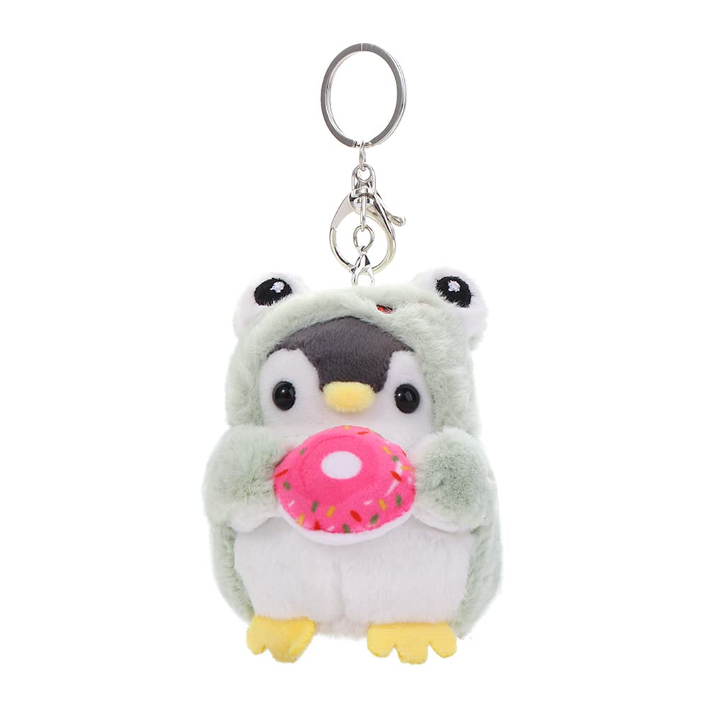 Pokinge 2 Pcs Penguin Keychain, Cute Plush Penguin Pendant Stuffed Animal Keyring Creative Penguin with Dog Frog Clothing Cartoon Donut Backpack Decor(Grey&Green)