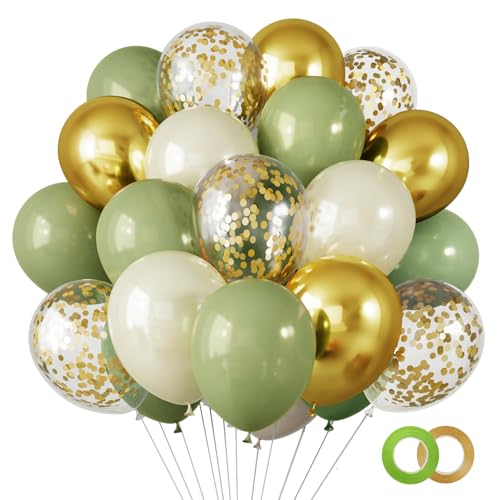 RUBFAC 65 Pcs 12 Inches Sage Green Gold Confetti Balloons Kit, Green Gold Sand White Party Balloons with Ribbons for Tiana...
