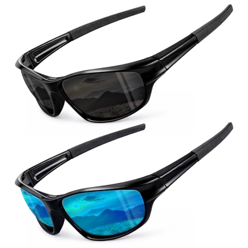 JATEBI 2 Pack Polarized Sports Sunglasses for Men Women, Wrap Around Sun Glasses UV400 Protection for Fishing Cycling Driv...