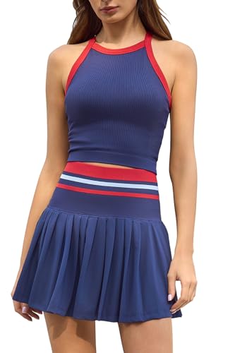 QINSEN Tennis Skirt Set for Women High Waisted Pleated Athletic Pickleball Skirt with Shorts Padded Tank Top 2 Piece Outfits