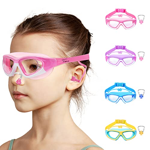 Vvinca Kids Swim Goggles for Kids 3-12, Upgraded Design with Ear & Nose Plug, Wide View Anit-Fog No Leak Water Pool Goggle