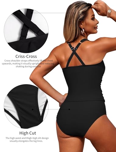 ZAFUL Women's Tankini Swimsuits Tummy Control Swimwear Two Piece Bathing Suits Swim Top with High Waisted Bottom