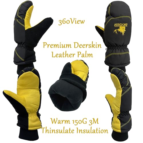SKYDEER Warm Ski Mittens with Soft Premium Deerskin Leather and 150G 3M Thinsulate Insulation (SD8753M, Unisex)
