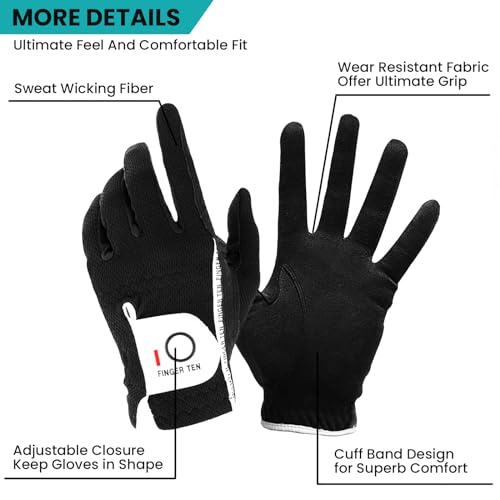 FINGER TEN Men’s Golf Glove Left Hand Right Handed Golfer Rain Grip 1 Pack, Durable Fit for Hot Wet All Weather Small Medi...