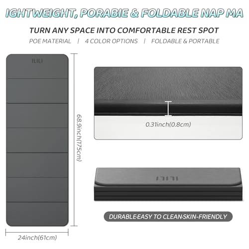 ILILI Foldable Yoga Mat 71 * 24 * 0.3'' - TPE Non-Slip Fitness Mat for Home，Waterproof & Lightweight (2lb) for Home Gym, P...