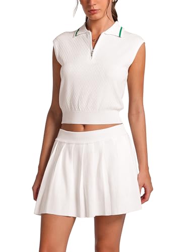 ABOCIW Women Tennis Skirt Set Knit Half Zip Tank Top Tennis Skirt with Shorts 2 Piece Athletic Workout Golf Outfits