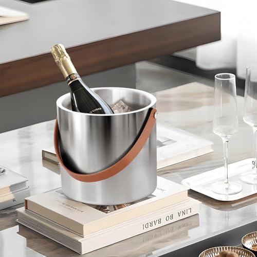 Bakpoco Double-Wall Vacuum Insulated Ice Bucket with Lid, Scoop, Ice Tong, Strainer & Leather Handle Keep Ice Frozen Longe...