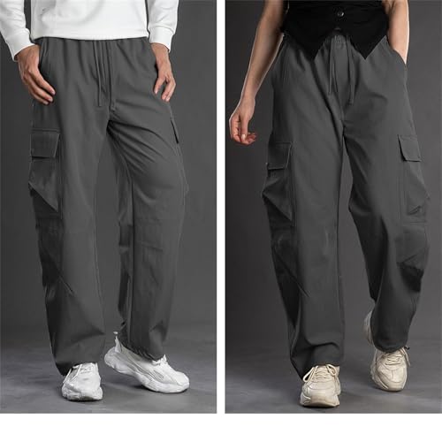 Wide Leg Cargo Pants for Men High Elastic Waist Casual Comfortable Pants Drawstring Lightweight Cotton Trousers with Pockets