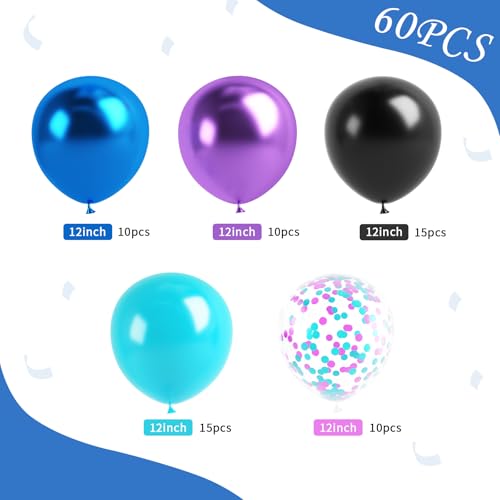 Black Purple Blue Balloon, 60 Pcs 12 Inches Metallic Blue Purple Teal Balloons Confetti Balloons for Kids Video Game Party...
