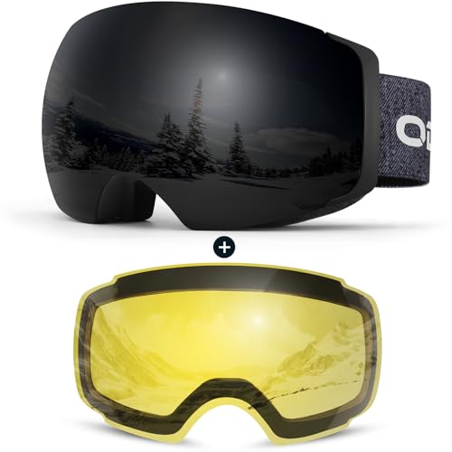 Odoland Magnetic Interchangeable Ski Goggles with 2 Lens, Large Spherical Frameless Snow Snowboard Goggles for Men Women