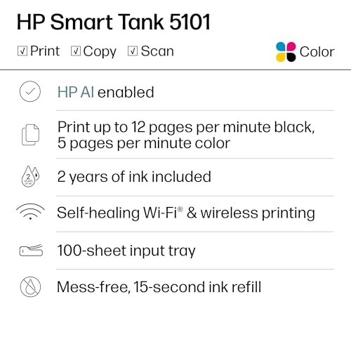 HP Smart Tank 5101 Wireless All-in-One Refillable Printer, Scanner, Copier with 2 years of Ink included, Wireless printer-...