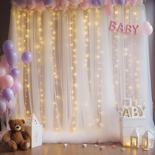 10x10ft White Tulle Backdrop Curtain with Lights String for Parites, Sheer Photo Backdrop Drapes with Lights for Wedding C...