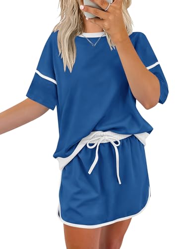 Rapbin Women's 2 Piece Sets Summer Casual Short Sleeve Tops Matching Drawstring Mini Skirt Going Out Lounge Outfits